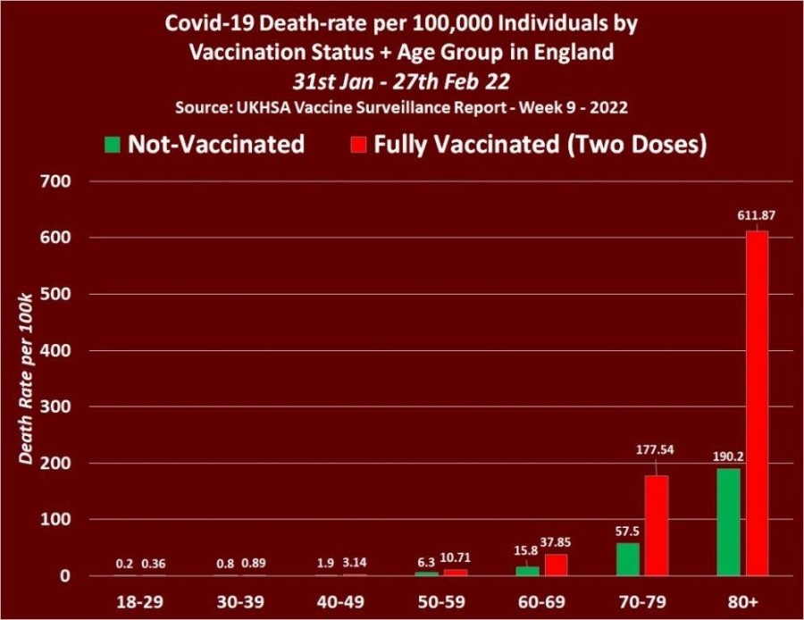 Covid death rate per 100T by vax status and age group 2022-02.jpg